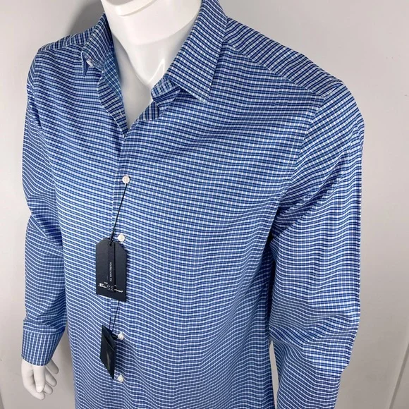 BEN SHERMAN, LONG SLEEVES MEN’S SHIRT, “XL 16,” BLUE AND WHITE SMALL CHECKERED - Picture 4 of 16